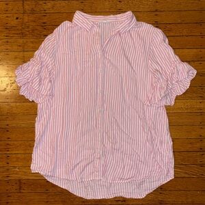 Button-up pink and white striped short sleeve shirt